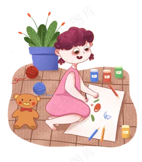 儿童节在家画画的小女生,免抠元素