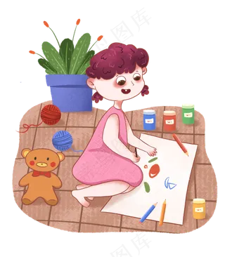 儿童节在家画画的小女生,免抠元素