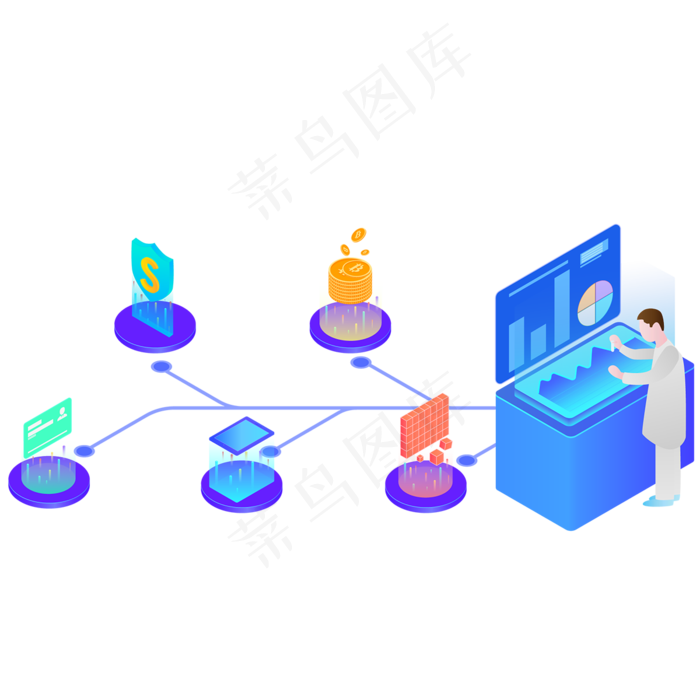 2.5D蓝色计算机技术场景,免抠元素