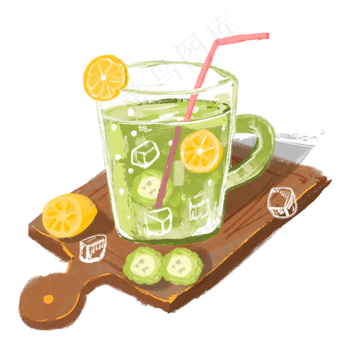 小清新木盘上的冰镇饮料手绘设计,免抠元素