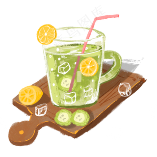 小清新木盘上的冰镇饮料手绘设计,免抠元素