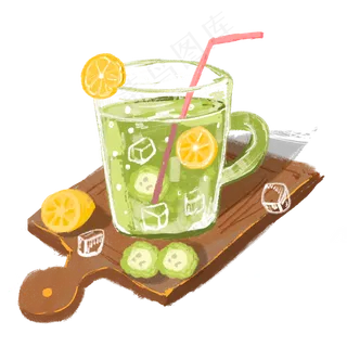 小清新木盘上的冰镇饮料手绘设计,免抠元素