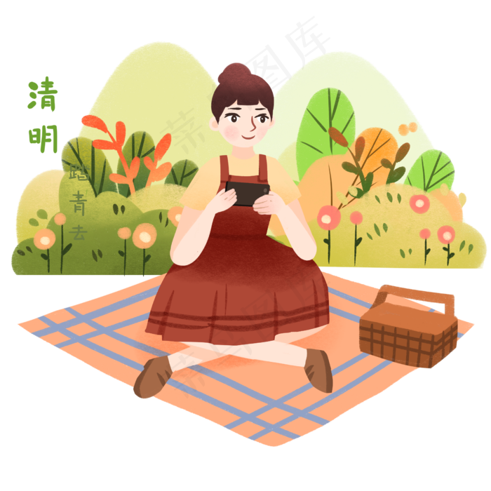 清明野餐女孩插画