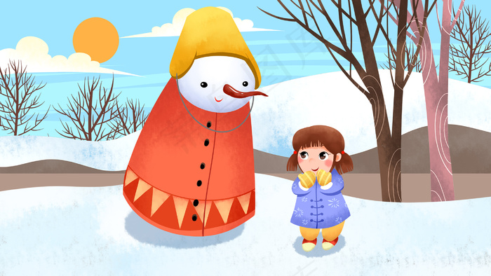 大雪节气雪人手绘插画