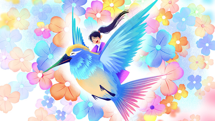 卡通手绘风缤纷色彩治愈系小鸟配图