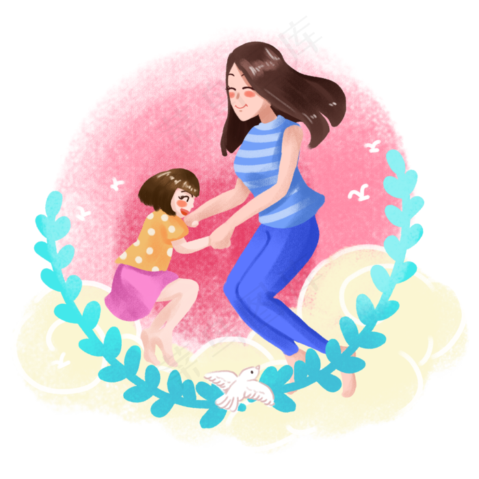 母亲节卡通母女幸福生活之一起跳,免抠元素(2500X2500(DPI:300))psd模版下载