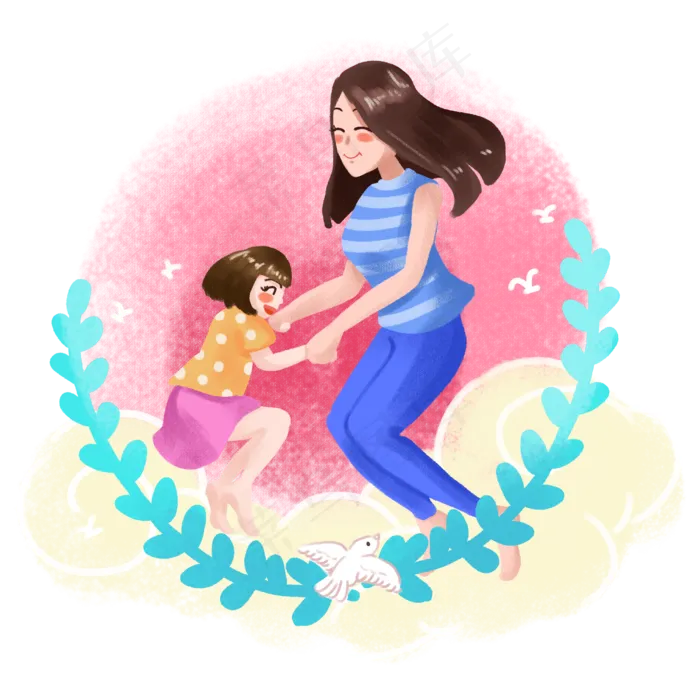 母亲节卡通母女幸福生活之一起跳,免抠元素(2500X2500(DPI:300))psd模版下载