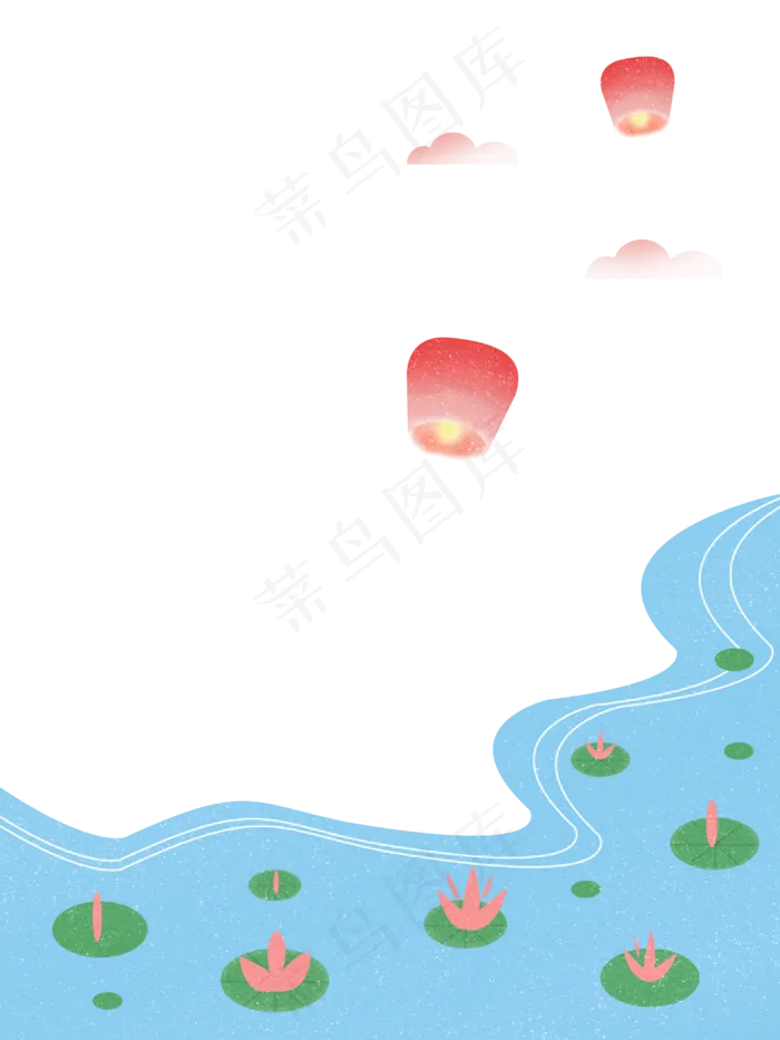手绘河边放孔明灯