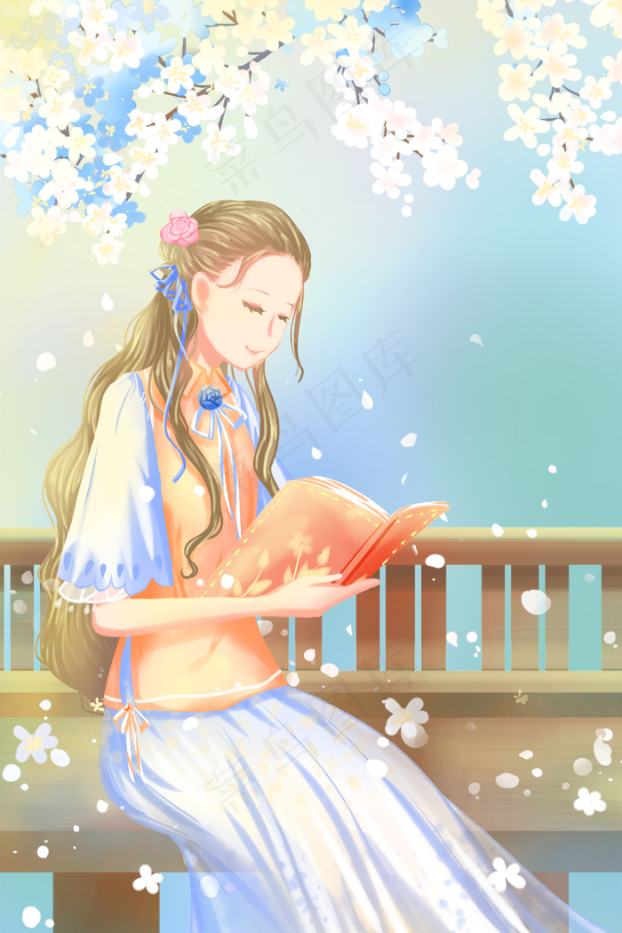蓝色唯美卡通春季5月在树下读书日节日配图(3545*5315px 300 dpi )psd模版下载