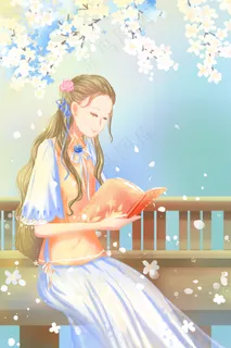 蓝色唯美卡通春季5月在树下读书日节日配图 蓝色唯美卡通春季5月在树下读书日节日配图