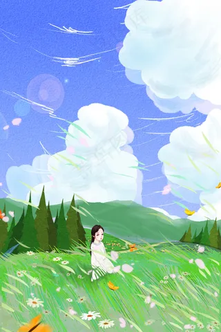 治愈唯美花与少女天空云彩通用场景五月你好