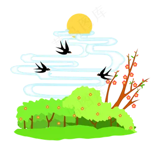 卡通春天飞鸟树木