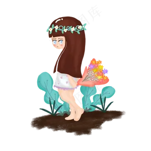 手绘可爱卡通持花小女孩人物素材
