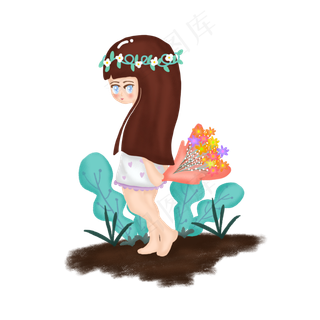 手绘可爱卡通持花小女孩人物素材