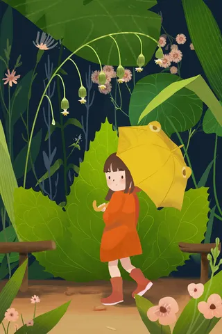 夏天草丛中小女孩