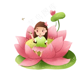 元素商用手绘夏季荷花花中少女唯