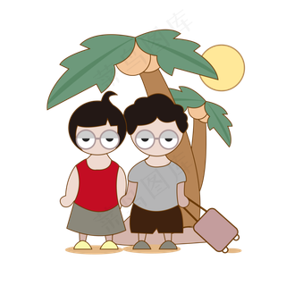 卡通手绘男生和女生一起旅行矢量