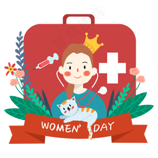 女神节小清新风格戴着王冠的女宠,免抠元素