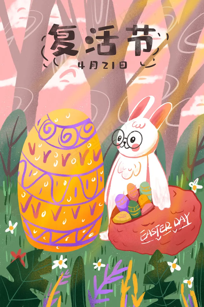 复活节卡通可爱兔子与彩蛋在树林配图