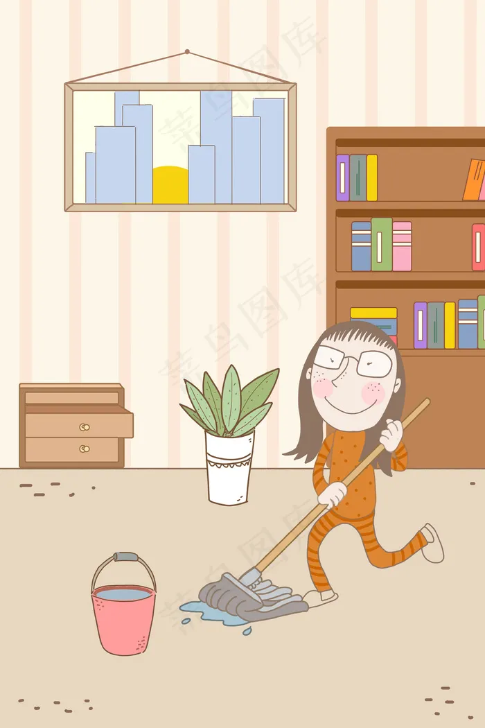 卡通手绘风劳动节拖地居家女孩(3545X5315(DPI:300))psd模版下载