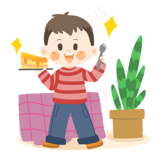 卡通男孩吃水果蛋糕PNG素材