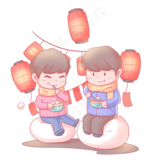 元宵节吃汤圆猜灯谜人物卡通手绘,免抠元素
