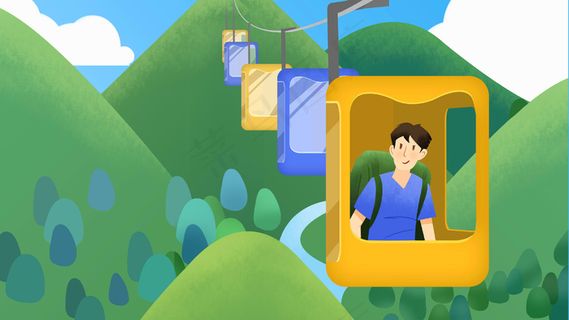 绿色系扁平风51出游缆车男孩配图