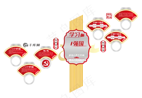 党建楼梯文化墙红旗红色金色中式
