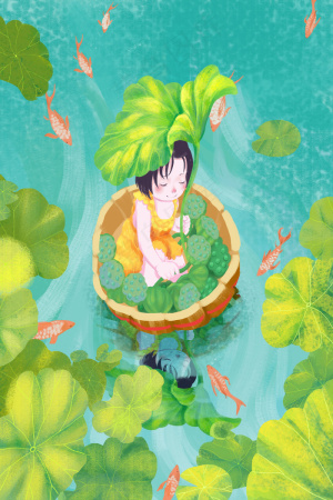 夏至夏季绿色肌理女孩采藕