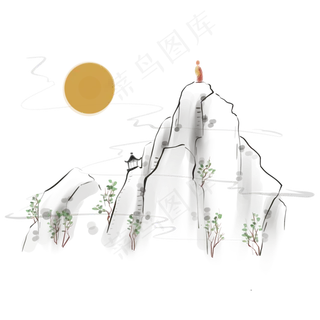 水墨画登山和僧人