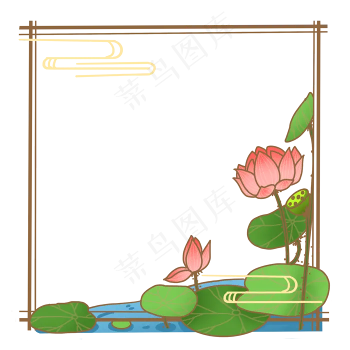 装饰风格荷花池塘边框免抠元素(2000X2000(DPI:300))psd模版下载