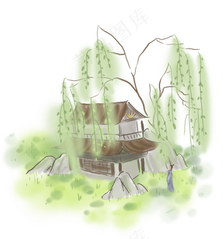 中国风庭院柳树下的人,免抠元素