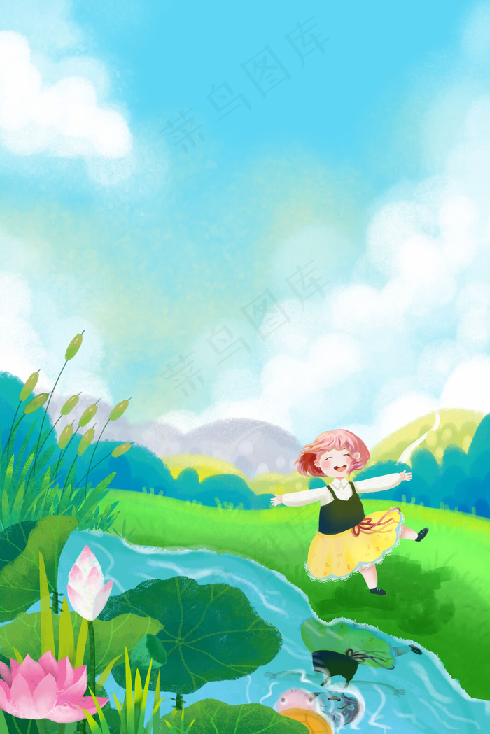 立夏绿色女孩湖边玩耍
