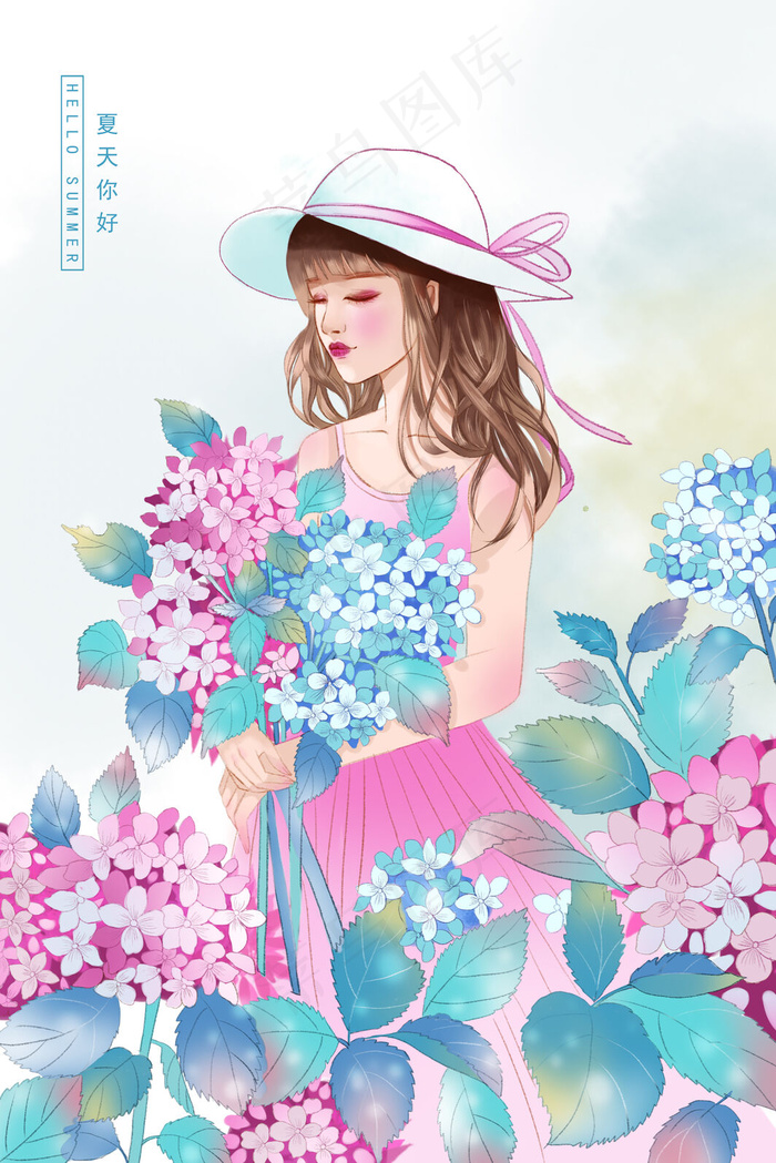 夏天绣球花和女孩(3545*5315px 300 dpi )psd模版下载