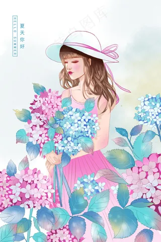 夏天绣球花和女孩