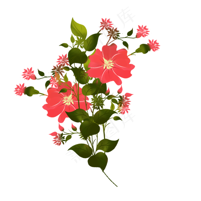 春天到了花开遍野红色花朵手绘装,免抠元素