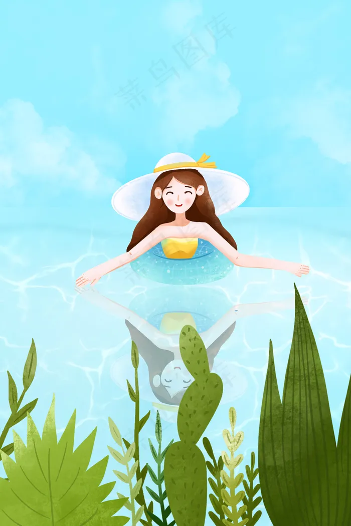 大暑节气夏季游泳的女孩
