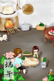 节日节气端午节妈妈和女孩包粽子小清新图 节日节气端午节妈妈和女孩包粽子小清新图