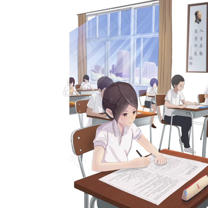 卡通女孩在课桌上写字(2000X2000(DPI:300))psd模版下载