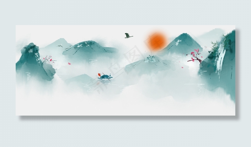 山水画水墨青山依旧红日渐升,免抠元素