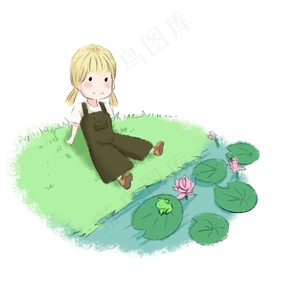 女孩荷花池边草地休息