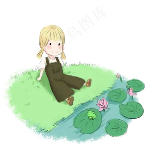 女孩荷花池边草地休息