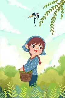 绿色小清新春天采茶女 绿色小清新春天采茶女