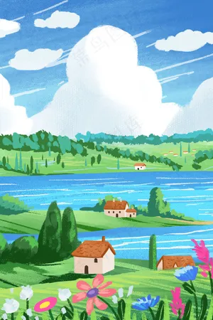 夏日乡下湖边环境房屋子风景