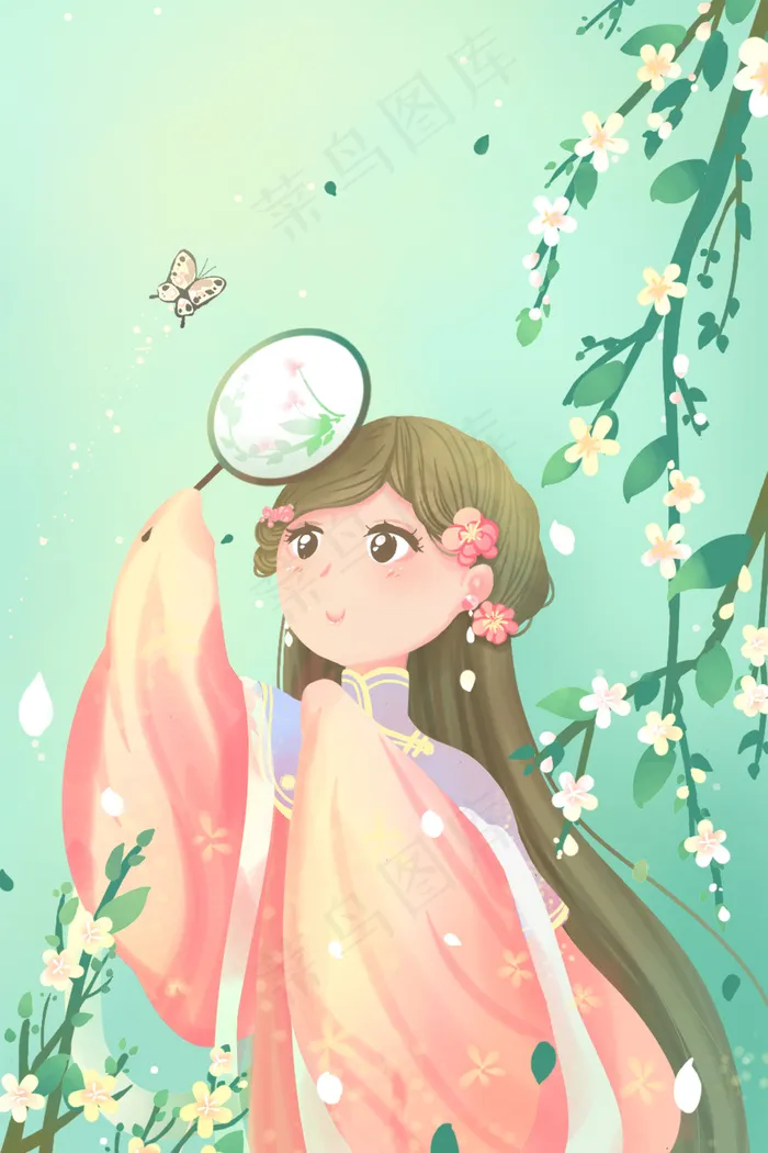 绿色唯美卡通小清新春季春天少女扑蝴蝶配图