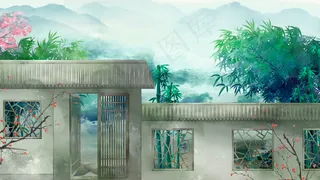 中国风竹林雅舍山水田园风景