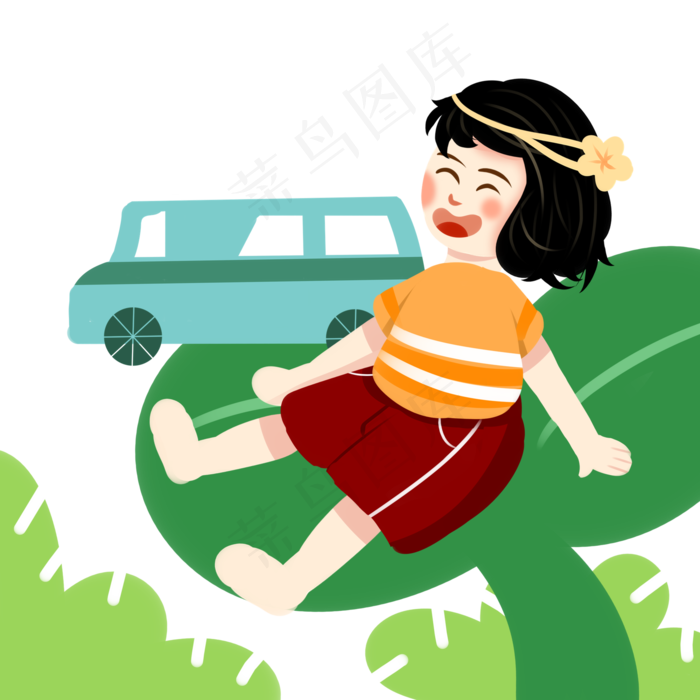 儿童节扁平风创意手绘坐在叶子上