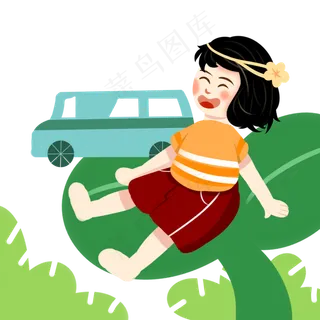 儿童节扁平风创意手绘坐在叶子上