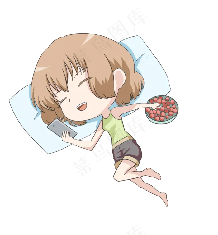 夏季躺着看手机吃水果的小女孩插(2000X2160(DPI:300))psd模版下载