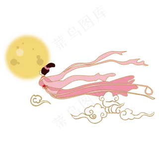 中秋节手绘卡通嫦娥飞天古风中秋,免抠元素